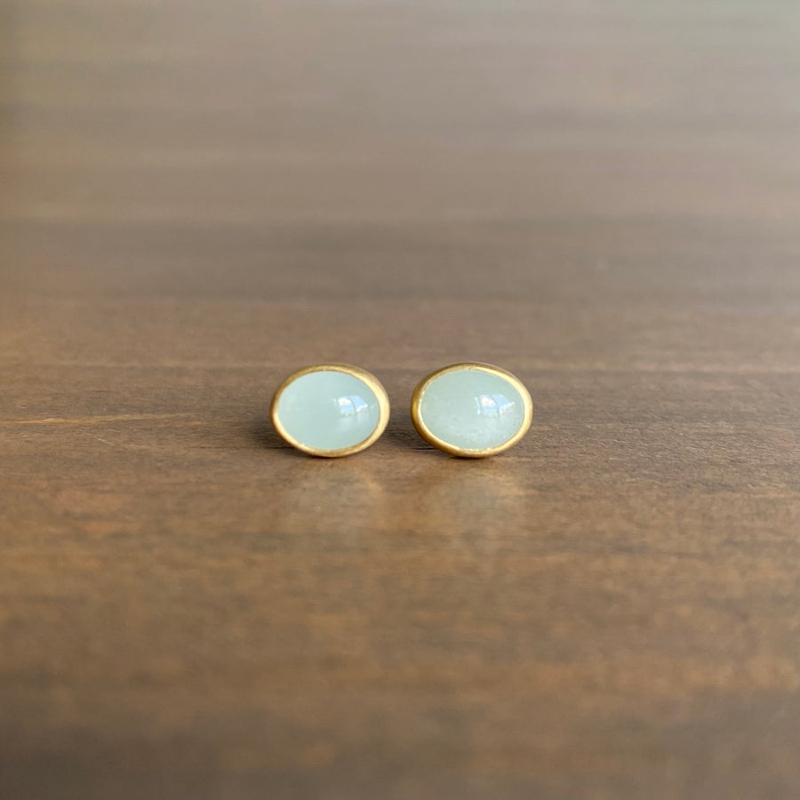 Milky Oval Aquamarine Cabochon Stud Earrings