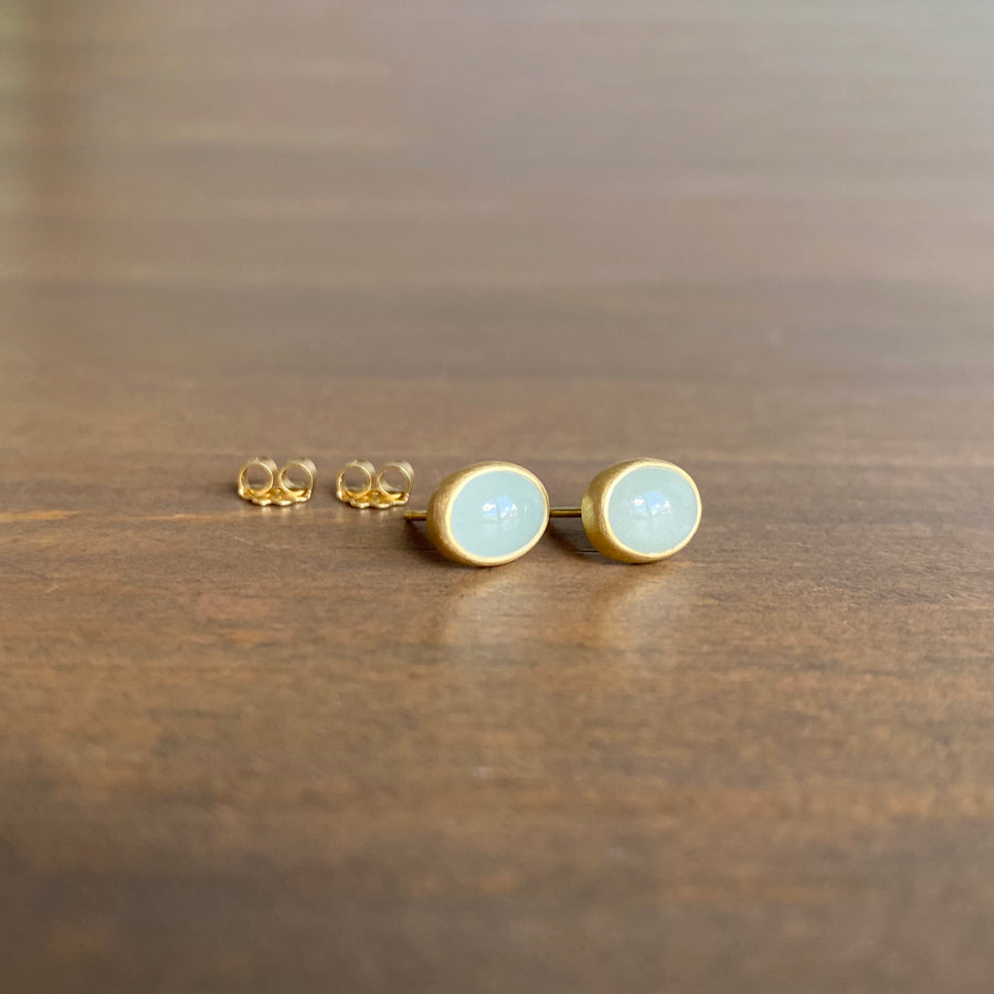 Milky Oval Aquamarine Cabochon Stud Earrings