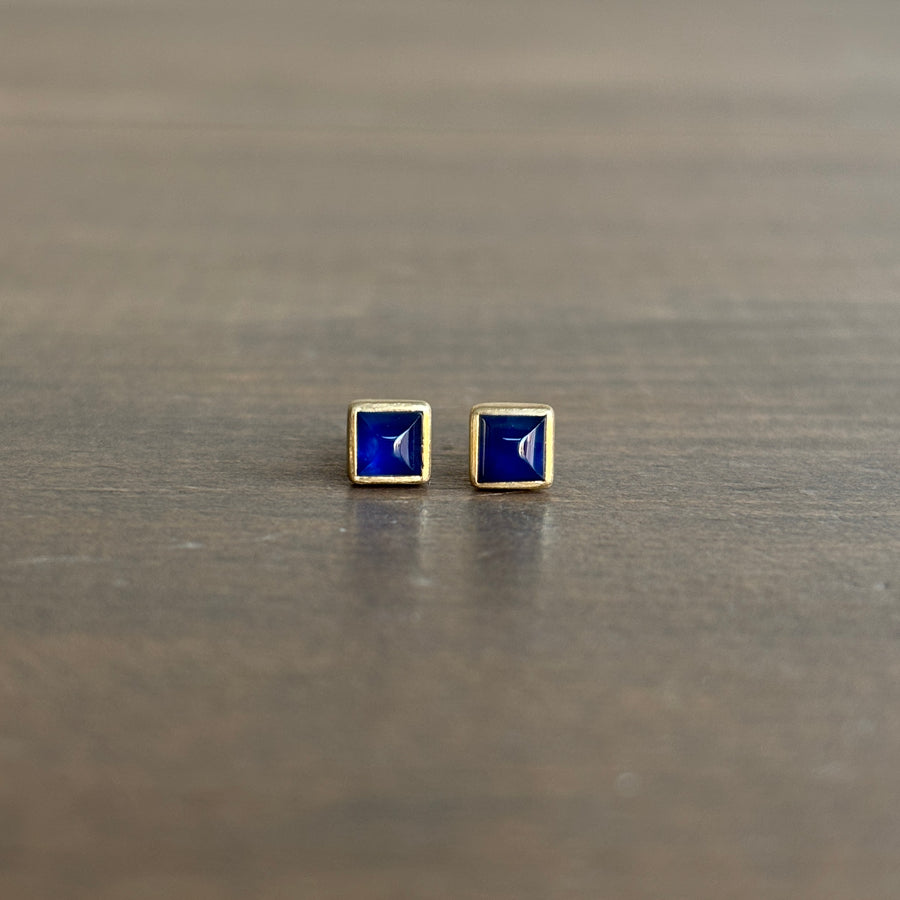 Square Deep Blue Sapphire Stud Earrings