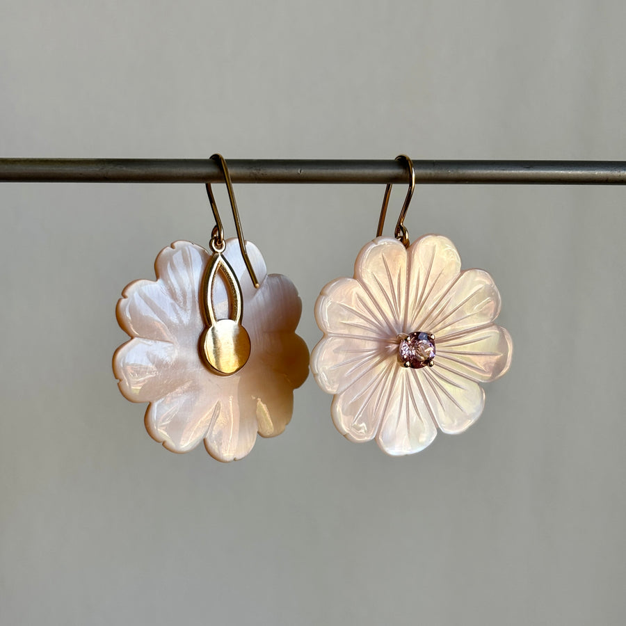 Large Mother of Pearl Flower Earrings with Light Tourmalines