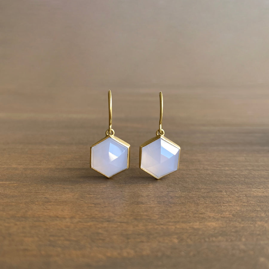 Bezel Set Lilac Chalcedony Hexagon Drop Earrings