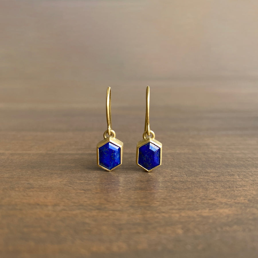 Bezel Set Lapis Hexagon Drop Earrings