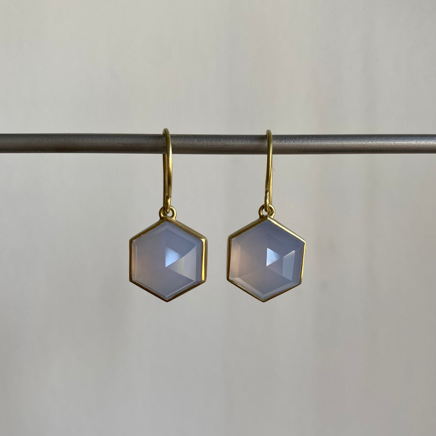 Bezel Set Lilac Chalcedony Hexagon Drop Earrings