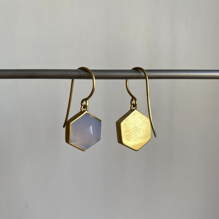 Bezel Set Lilac Chalcedony Hexagon Drop Earrings