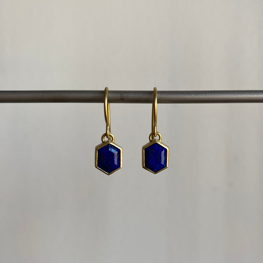 Bezel Set Lapis Hexagon Drop Earrings