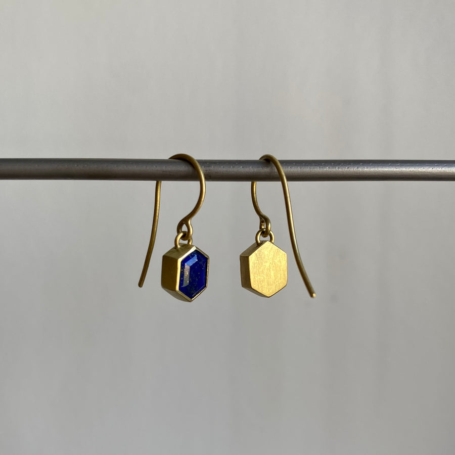 Bezel Set Lapis Hexagon Drop Earrings