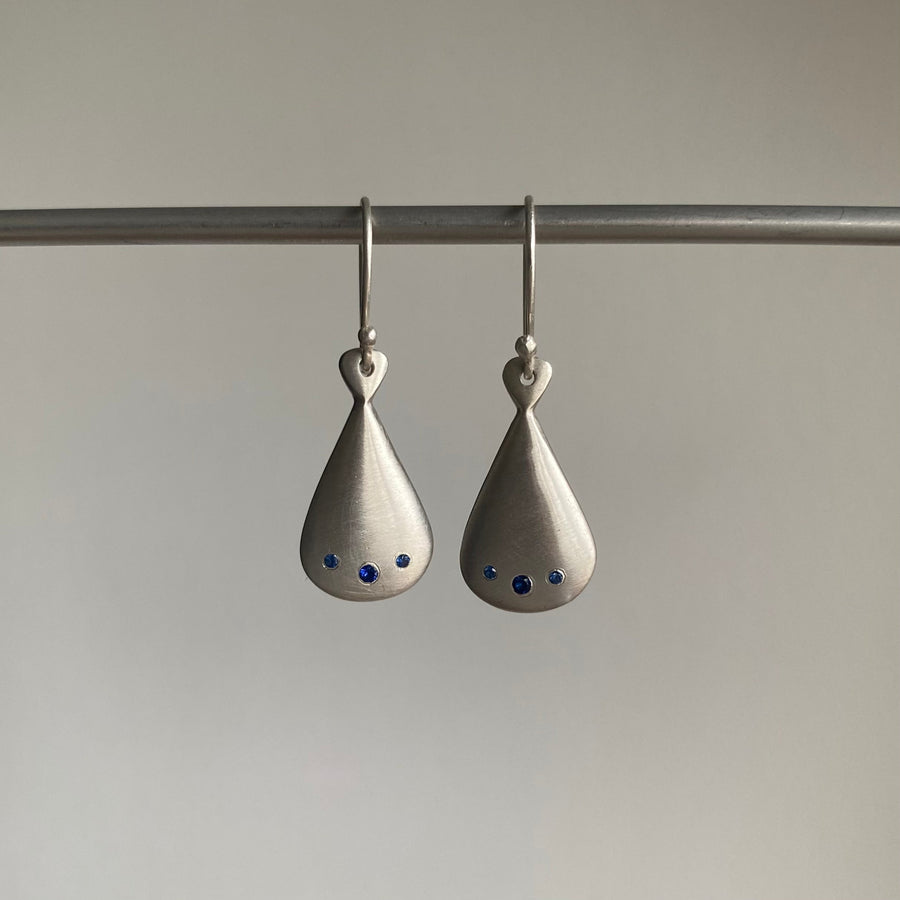 Silver Droplet Earrings with Blue Sapphires