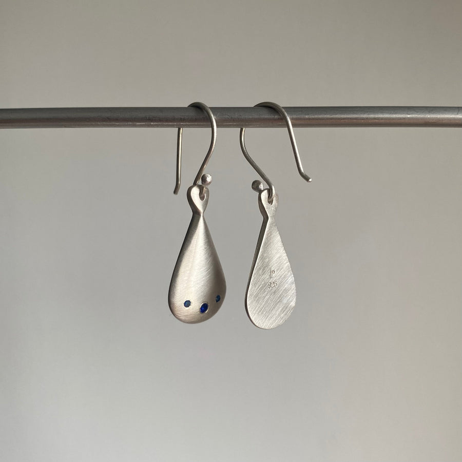 Silver Droplet Earrings with Blue Sapphires