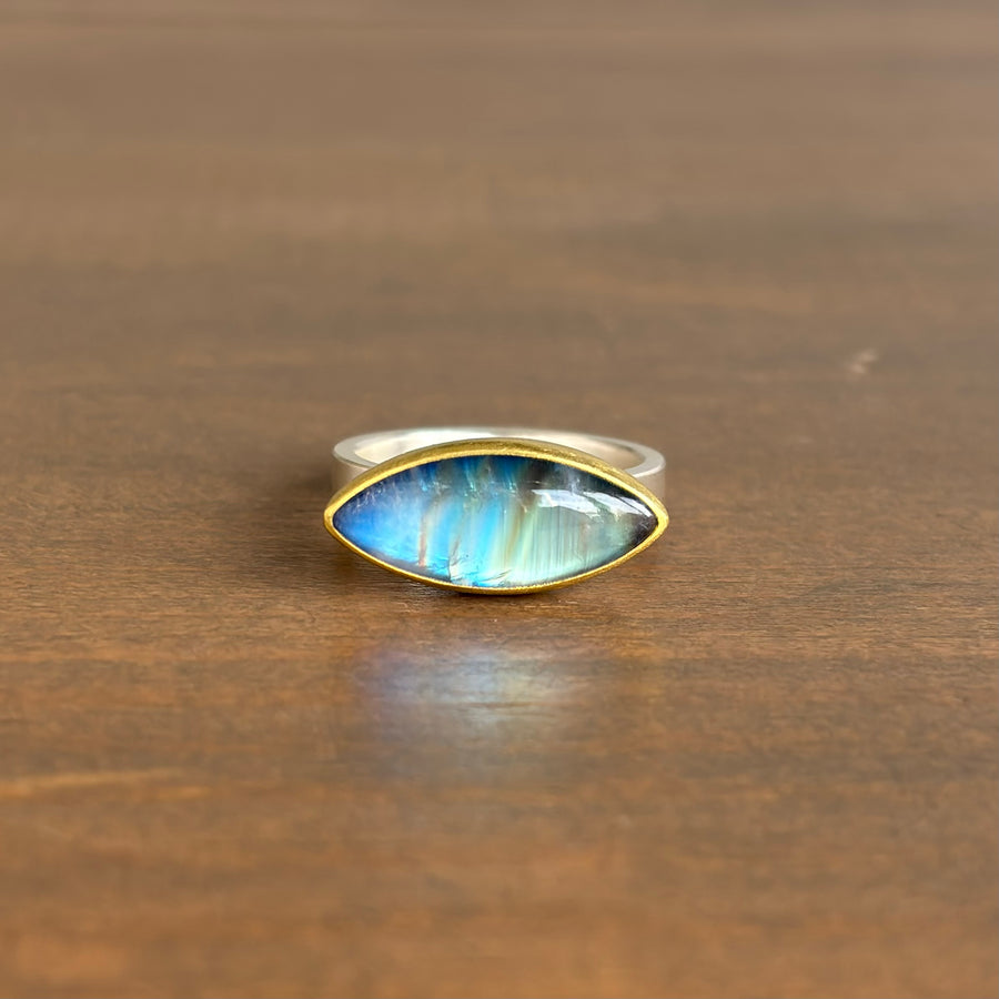 Rainbow Moonstone Marquise Cabochon Ring