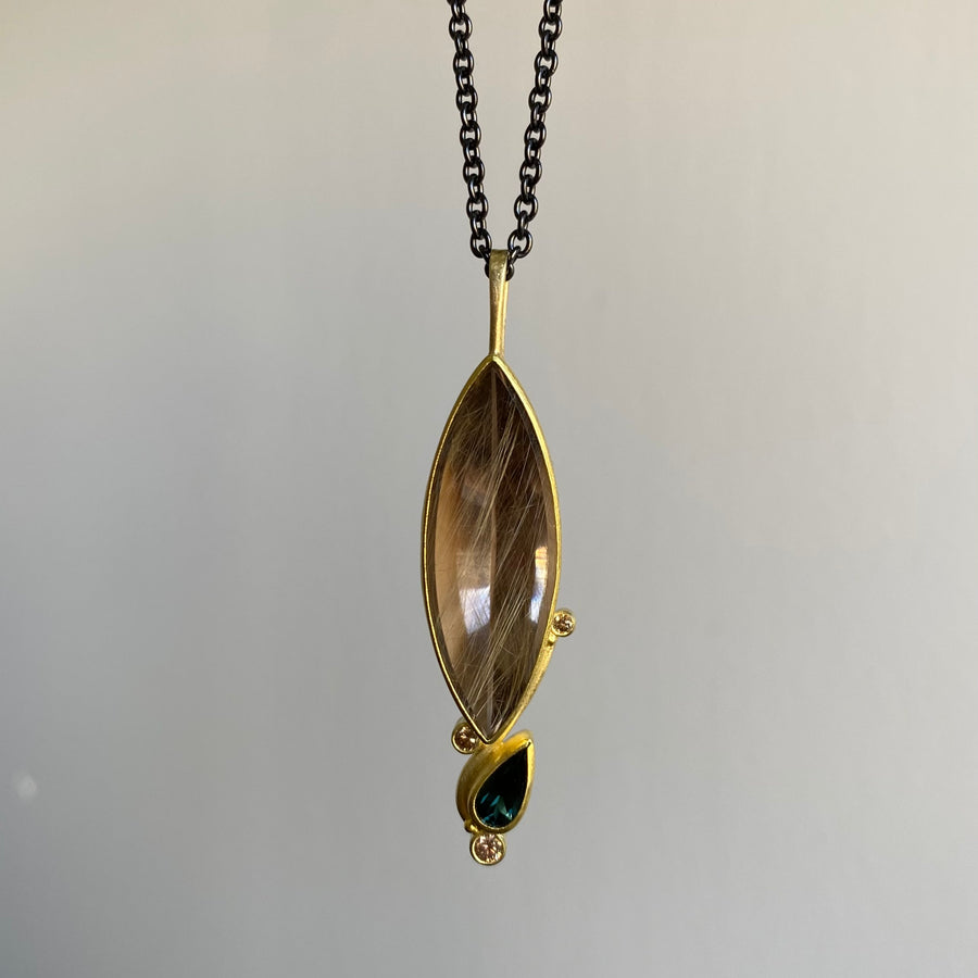 Rutilated Quartz, Tourmaline, & Diamond Pendant