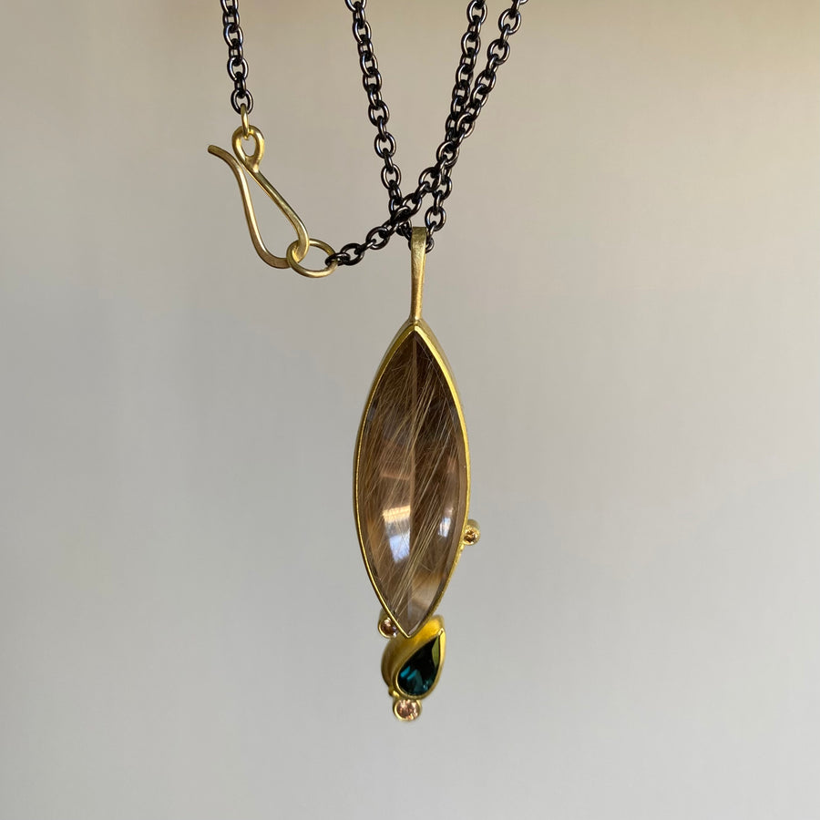 Rutilated Quartz, Tourmaline, & Diamond Pendant