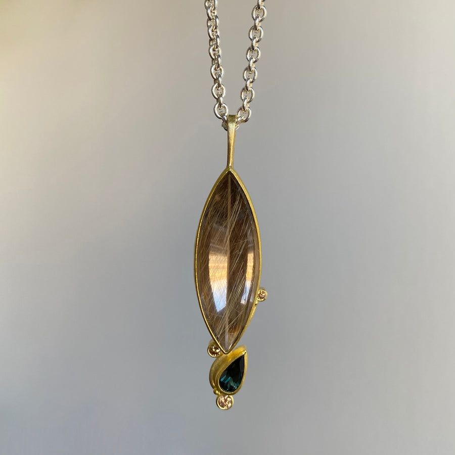 Rutilated Quartz, Tourmaline, & Diamond Pendant