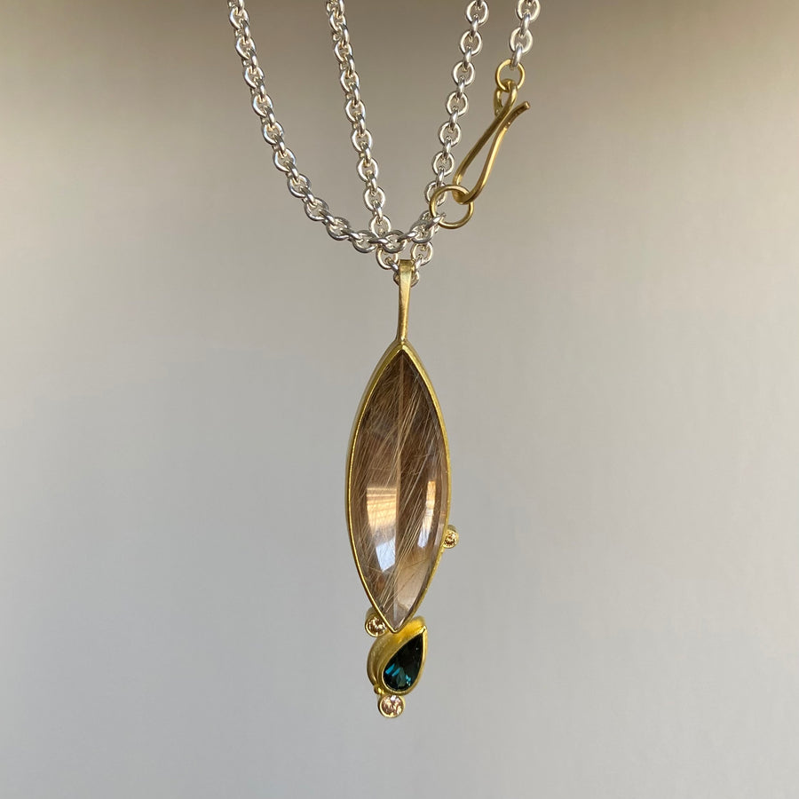 Rutilated Quartz, Tourmaline, & Diamond Pendant