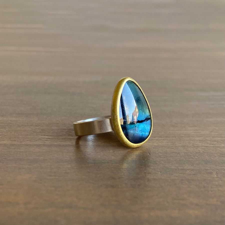 Flat Blue Tourmaline Cabochon Ring