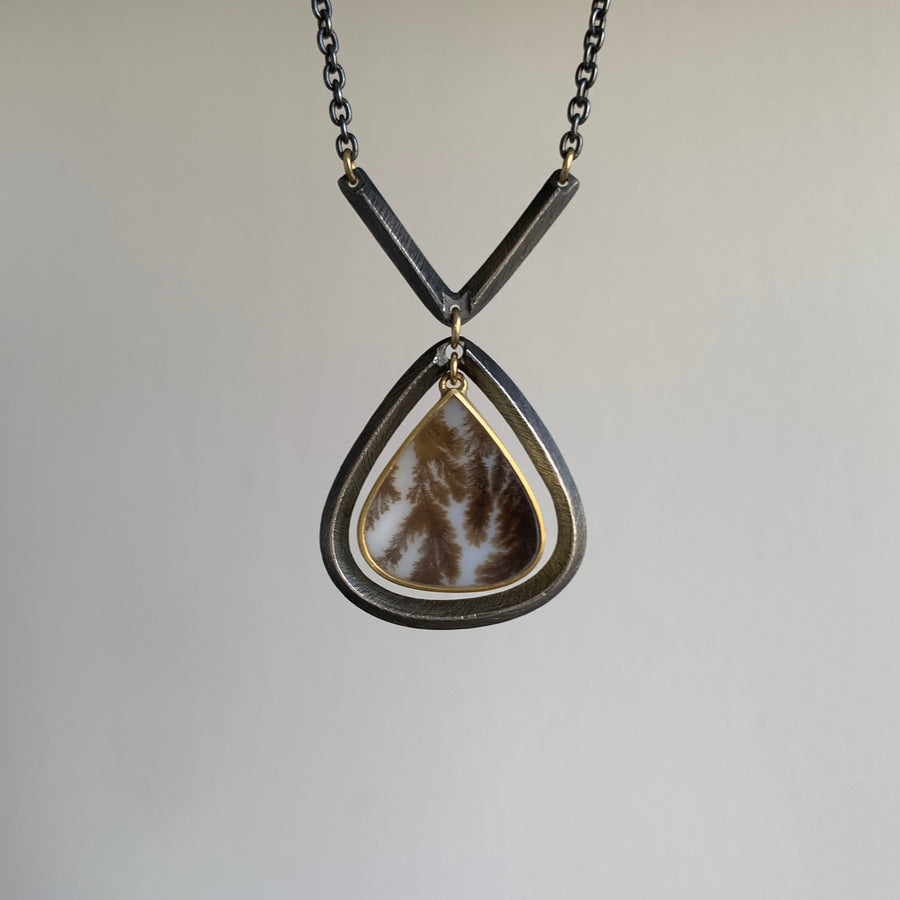 Carved Frame Dendritic Agate Teardrop Necklace