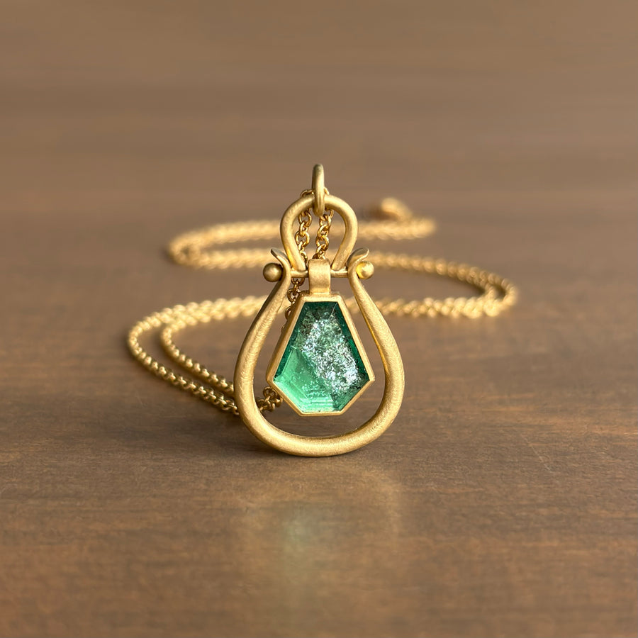 Medium Emerald Hexagon Shield Lyre Pendant