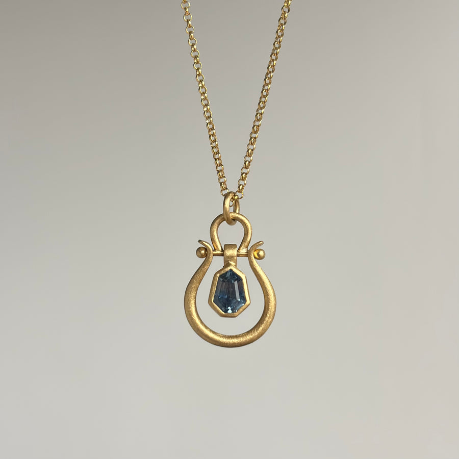 Small Geometric Blue Sapphire Lyre Pendant