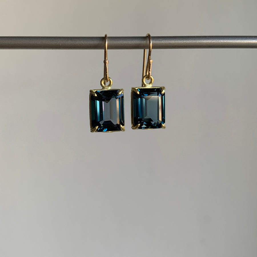 Small Emerald Cut London Blue Topaz Earrings