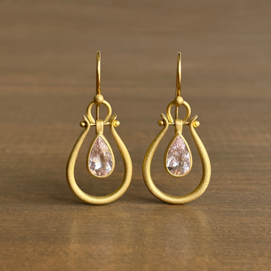 Large Gold Lyre Earrings with Morganite Pears