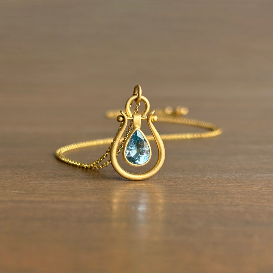 Small Gold Lyre Pendant with Aquamarine Pear