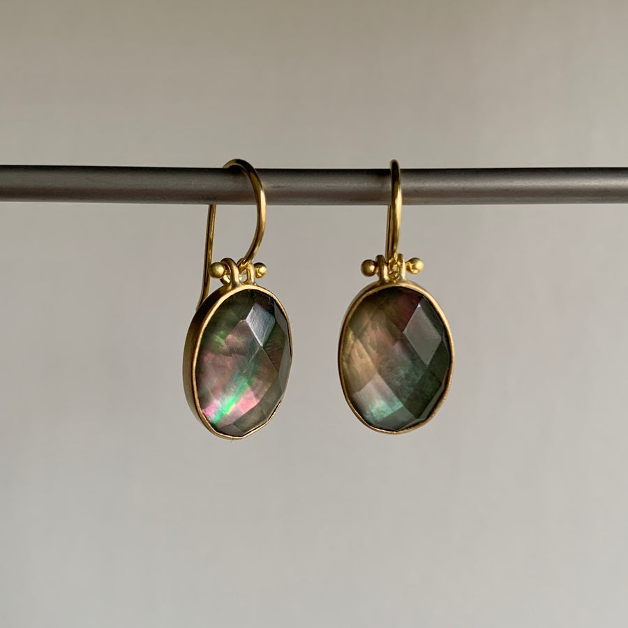 Faceted Oval Quartz over Black Mother of Pearl Earrings
