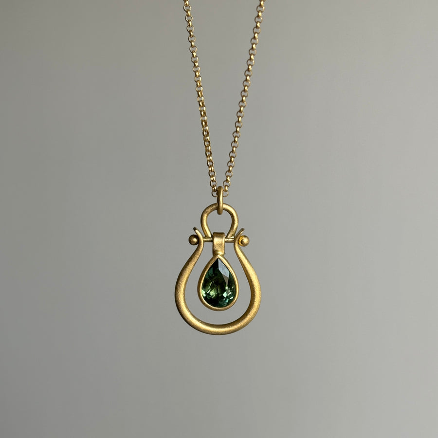 Small Gold Lyre Pendant with Green Tourmaline Pear