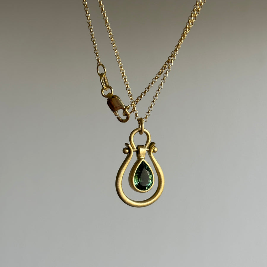 Small Gold Lyre Pendant with Green Tourmaline Pear