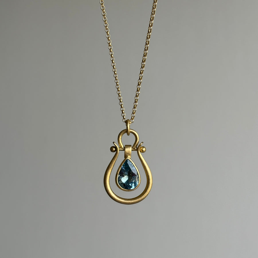 Small Gold Lyre Pendant with Aquamarine Pear