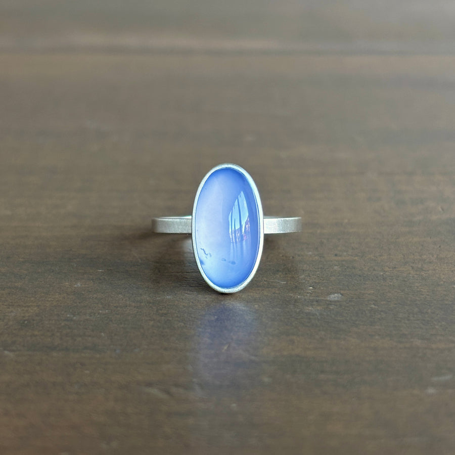 Silver Elongated Oval Cabochon Chalcedony Ring