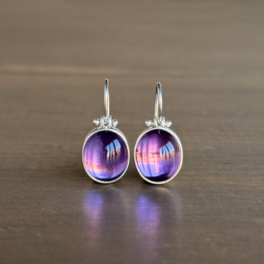 Silver Oval Violet Amethyst Cabochon Earrings