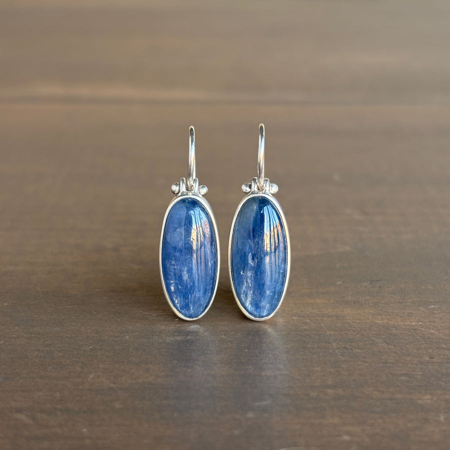 Silver Elongated Oval Kyanite Cabochon Earrings