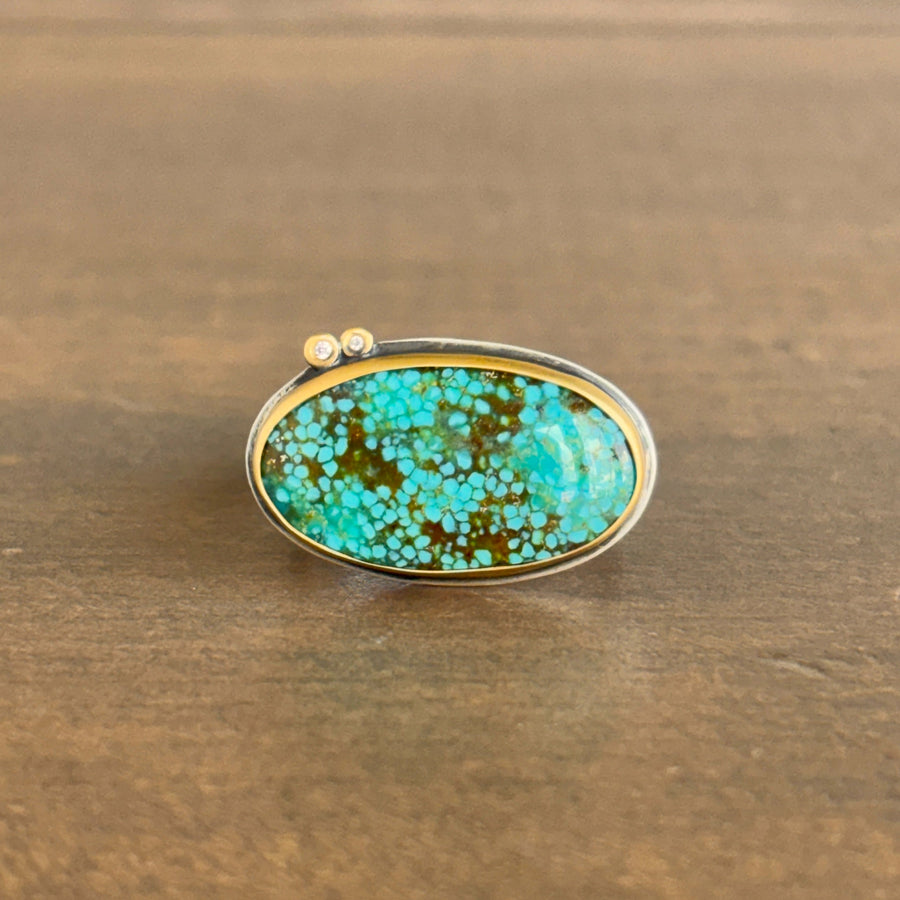 Oval Turquoise Ring with 22k Gold, Sterling Silver, & Diamonds