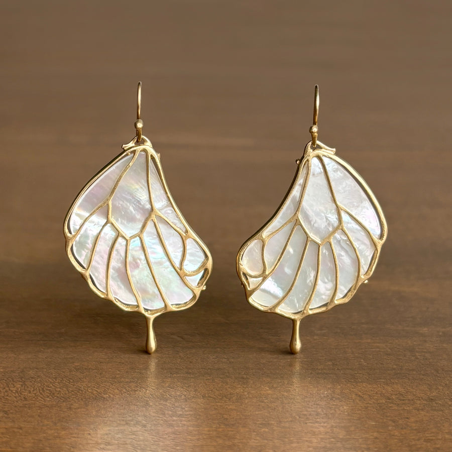 Pair of leaf-shaped earrings with gold frames on a wooden surface