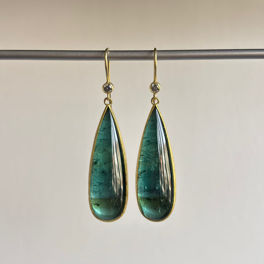  Large Blue/Green Tourmaline Earrings with Diamond Tops hanging view 1