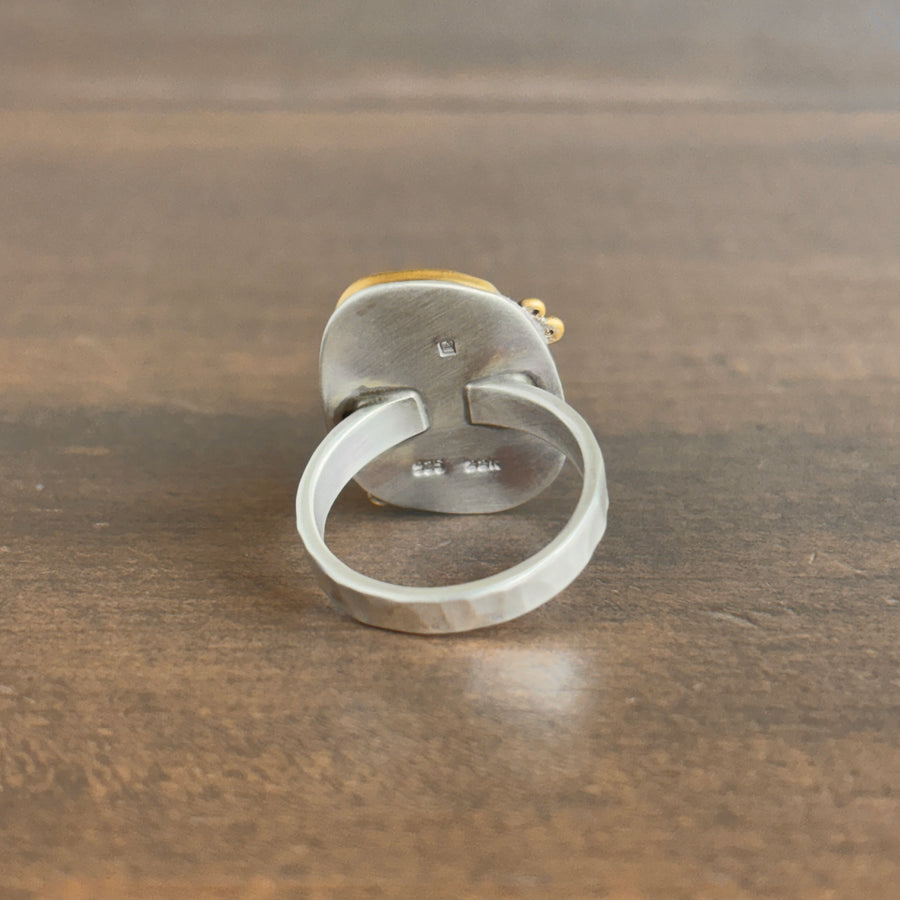Large Rose Cut Labradorite Ring with 22k Gold, Sterling Silver, & Diamonds back view