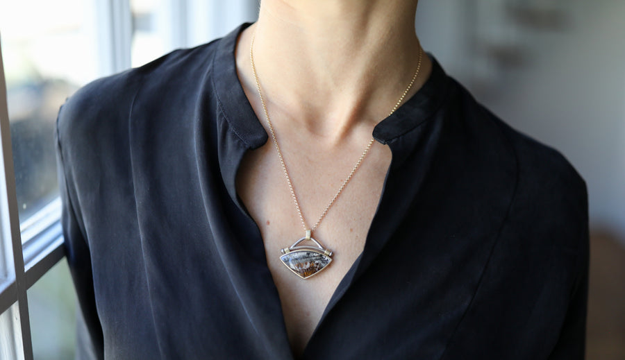 Large Super Seven Quartz Fan Pendant by Monika Krol on model view