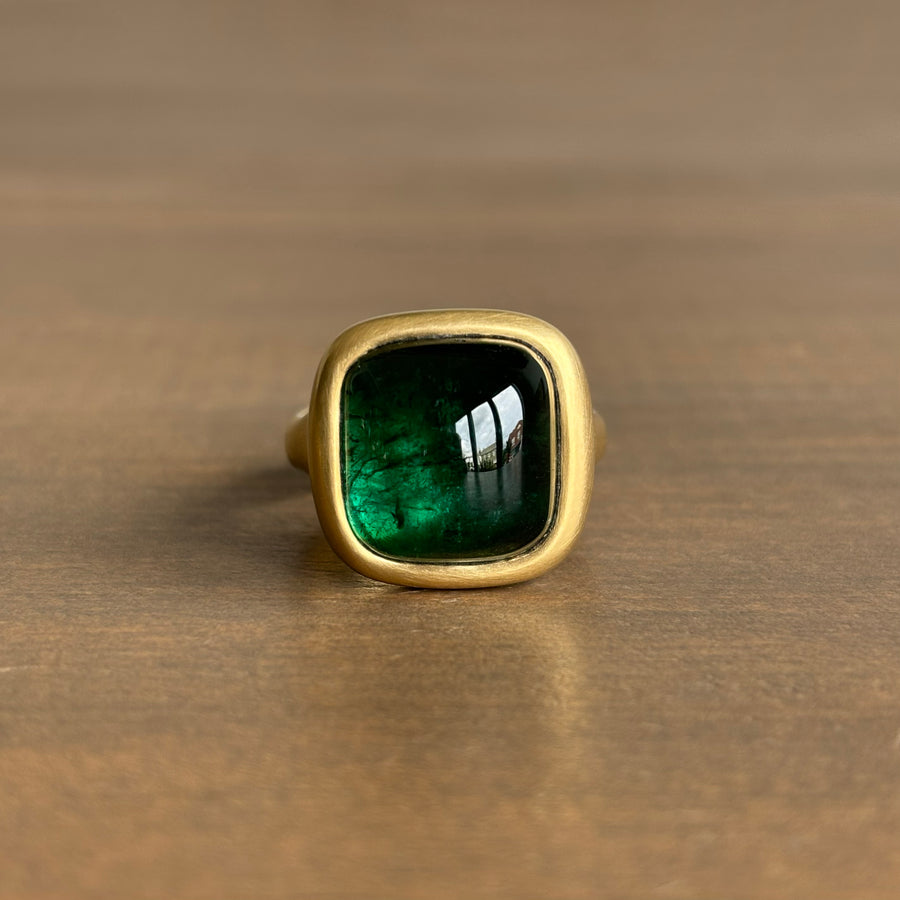 Lola Brooks Deep Green/Blue Cushion Tourmaline Signet Ring front view