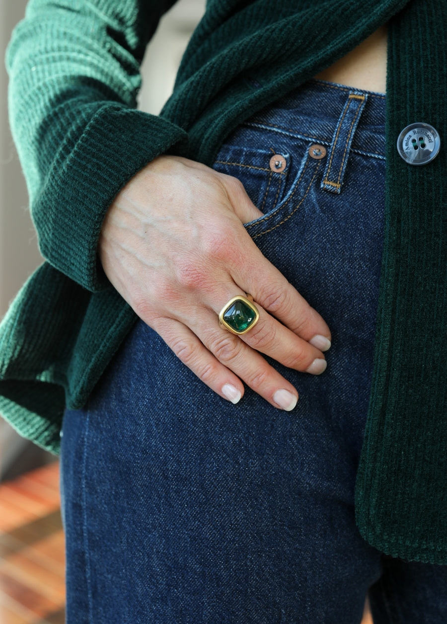 Lola Brooks Deep Green/Blue Cushion Tourmaline Signet Ring on model