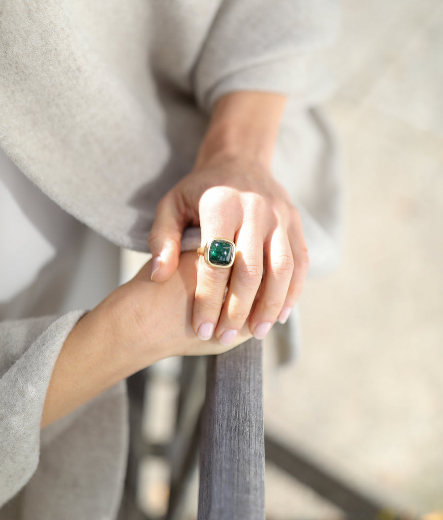 Lola Brooks Deep Green/Blue Cushion Tourmaline Signet Ring on model 2