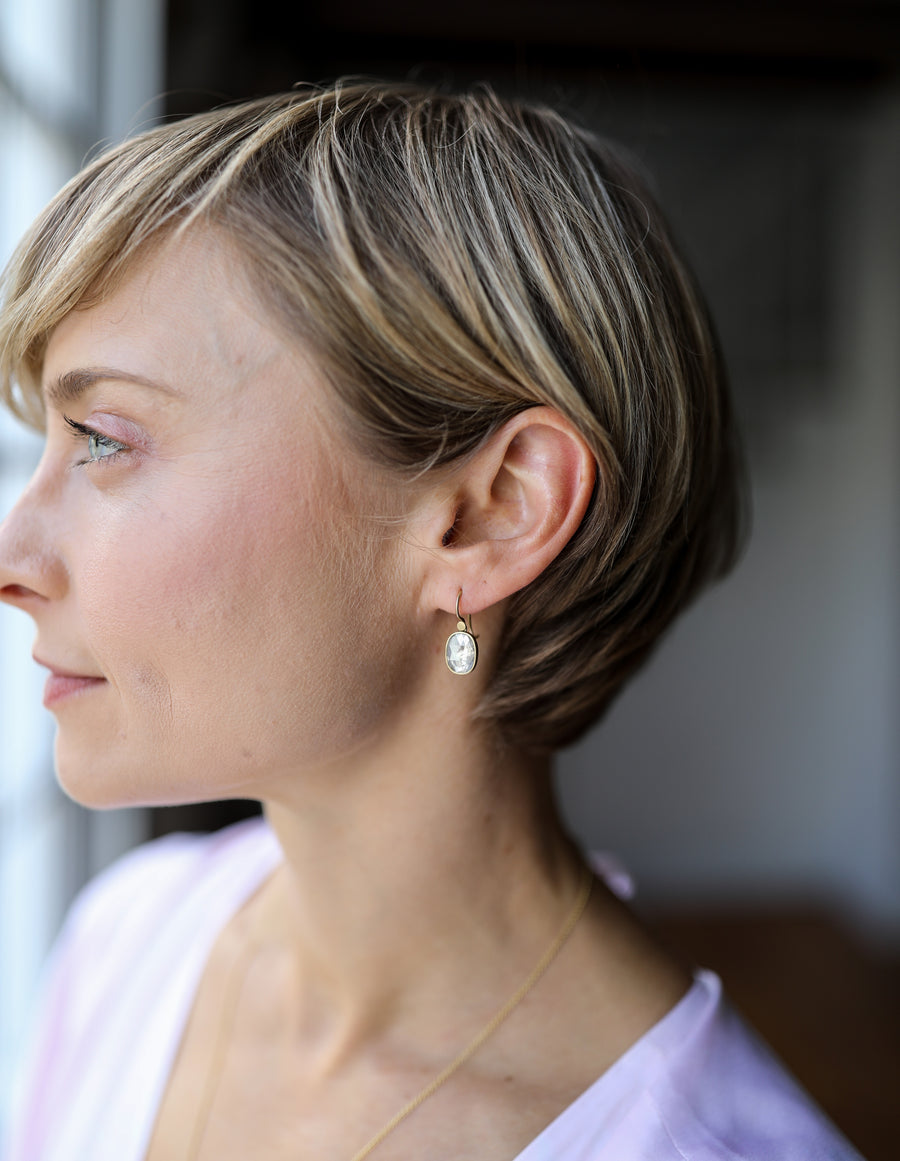Lola Brooks Grey Cushion Diamond Drop Earrings earrings on model