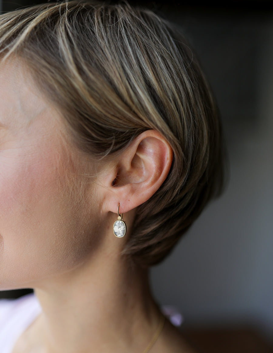 Lola Brooks Grey Cushion Diamond Drop Earrings earrings on model 2