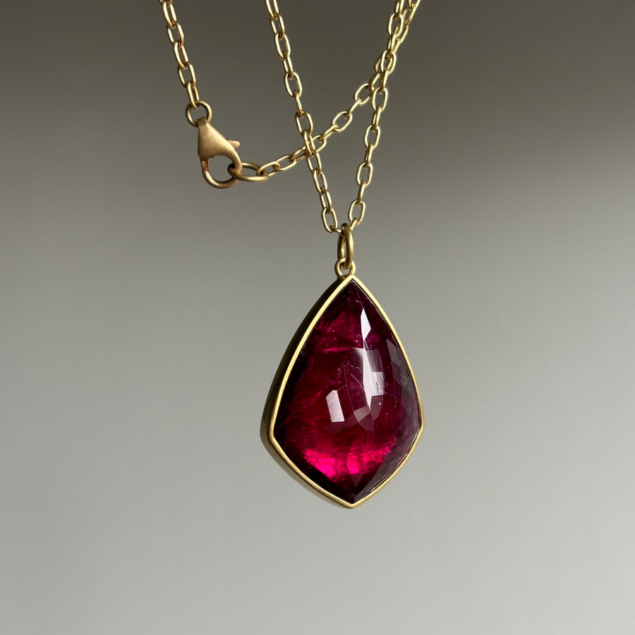 Lola Brooks Rubellite Tourmaline Shield Pendant necklace hanging view 2