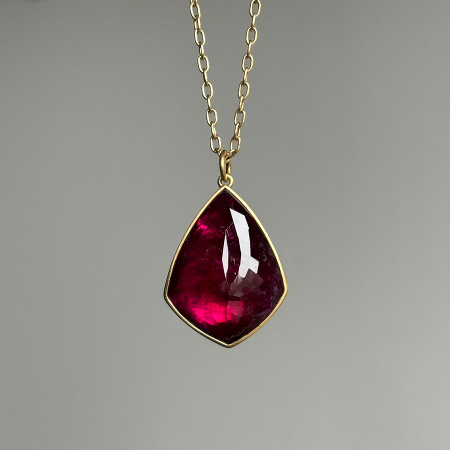 Lola Brooks Rubellite Tourmaline Shield Pendant necklace hanging view 3