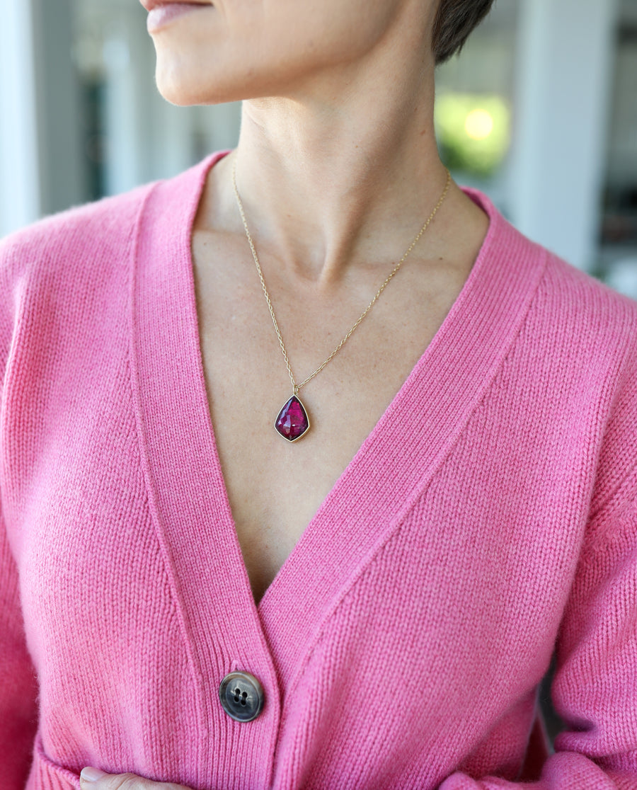 Lola Brooks Rubellite Tourmaline Shield Pendant necklace on model view 1