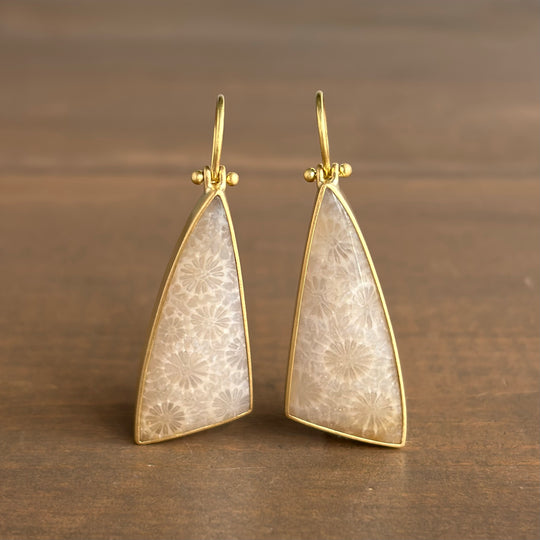 Long Asymmetrical Triangle Petrified Coral Earrings by Monika Krol