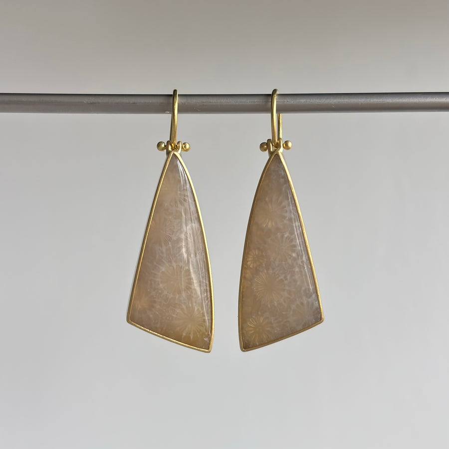 Long Asymmetrical Triangle Petrified Coral Earrings by Monika Krol hanging view