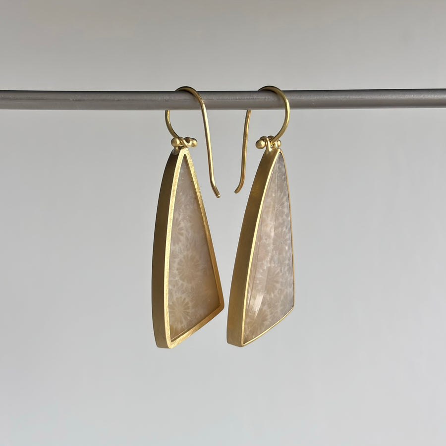 Long Asymmetrical Triangle Petrified Coral Earrings by Monika Krol side view