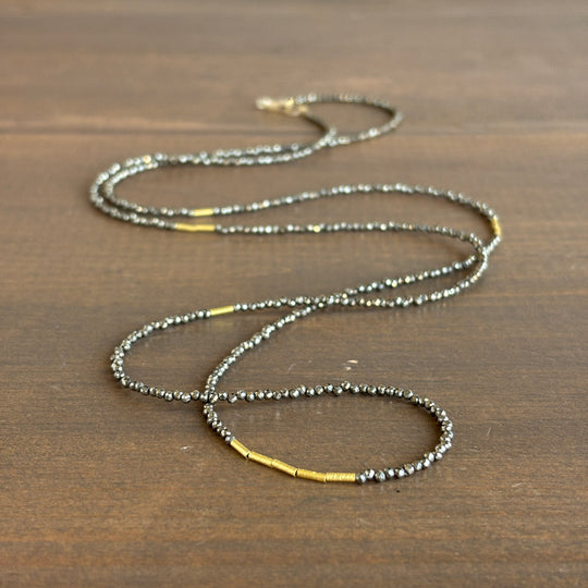 Long Pyrite Beaded Necklace with 22k Gold Tube Beads