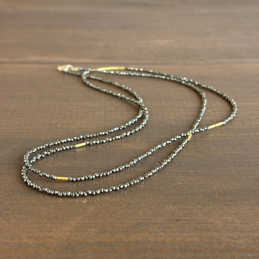 Long Pyrite Beaded Necklace with 22k Gold Tube Beads 3
