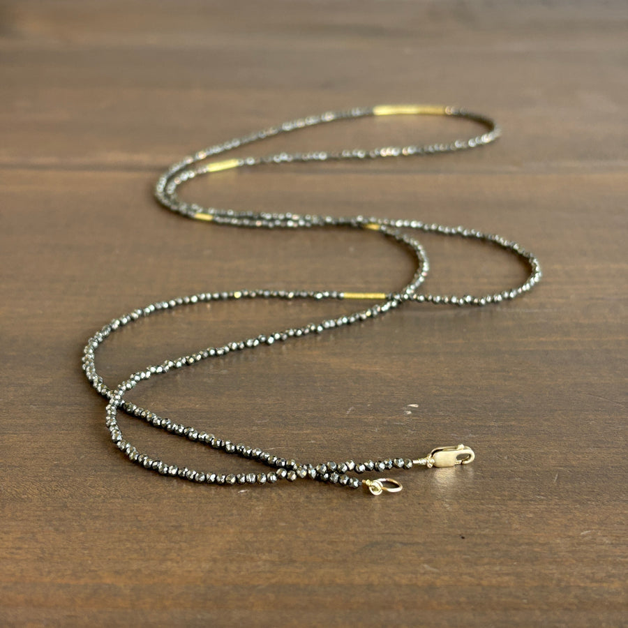 Long Pyrite Beaded Necklace with 22k Gold Tube Beads 4